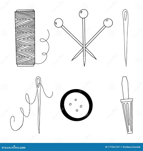 A Set Of Sewing Accessories In Doodle Styleoutline Drawing With A Line