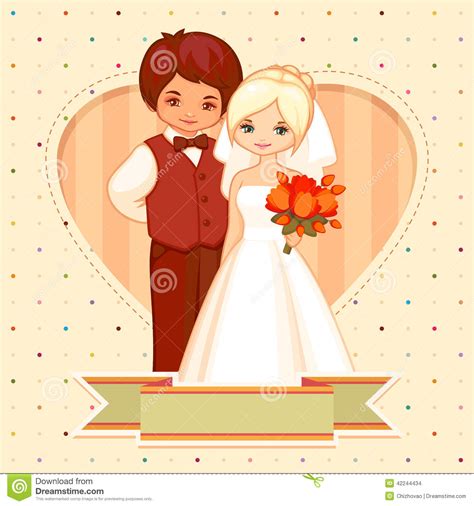 Couple in love hugging looking at each other, dressed in a wedding dress and a suit against the background of the. Cartoon Illustration Of The Groom And Bride Stock Vector ...