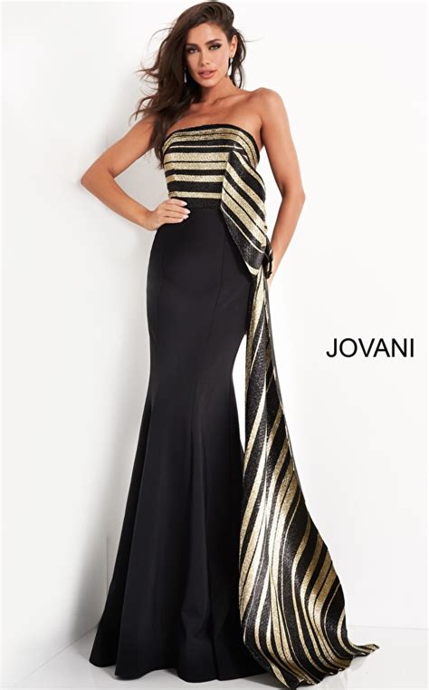 Jovani 05084 Black Gold Large Side Bow Evening Dress