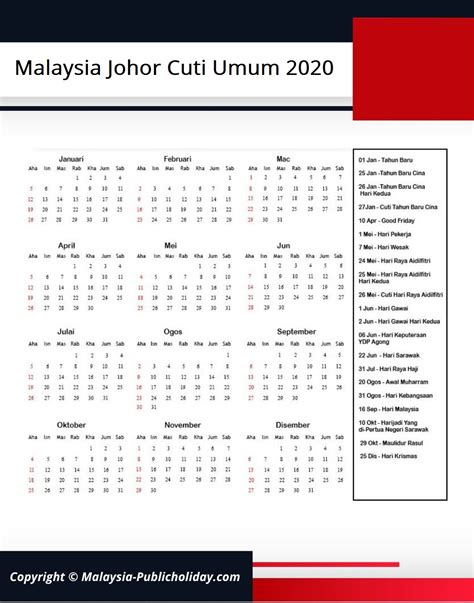 2019 2018 calendar printable with holidays list kalender via calendarzone.in. Johor Cuti Umum Kalendar 2020