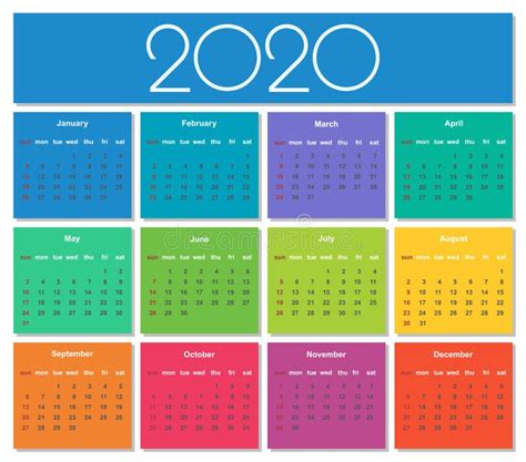 Calendário 2020 Colorido Do Ano Ilustração Do Vetor Ilustração De