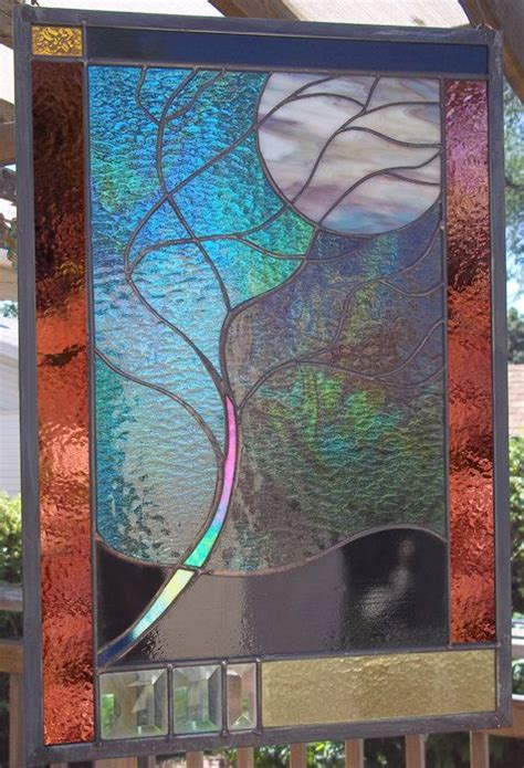 Stained Glass Moonlit Tree Window Panel Turquoise Glass Beveled Turquoise Green Teal Plum