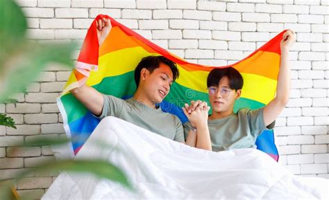 Two Asian Happy Cheerful Romantic Lovely Teenager Male Gay Men Lover Couple Partner Smiling