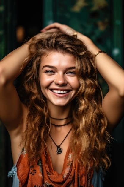 Premium Ai Image A Gorgeous Young Woman Holding Her Arms Behind Her Head And Smiling Created