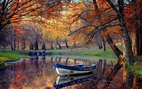 Landscape Fall Boat Park Pond Reflection Trees Nature Water
