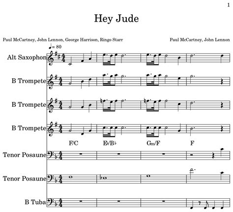 Hey Jude Sheet Music For Alto Saxophone Trumpet Trombone Tuba