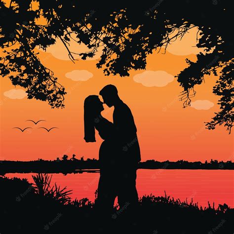 Premium Vector Happy Couple Romantic Scenery Silhouette In Sunset Nature Vector Landscape