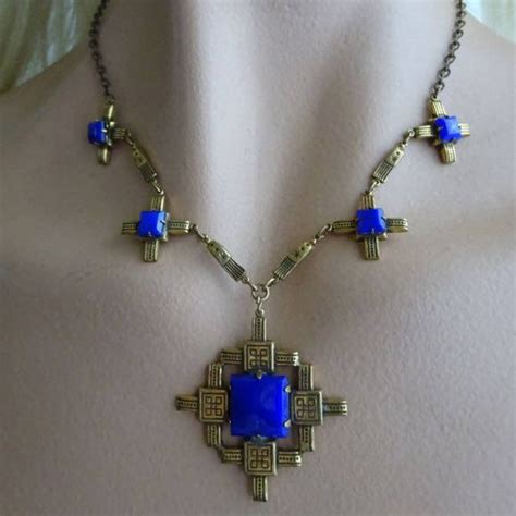 Art Deco Czech Necklace Cobalt Blue Glass Gold Geometric Etsy