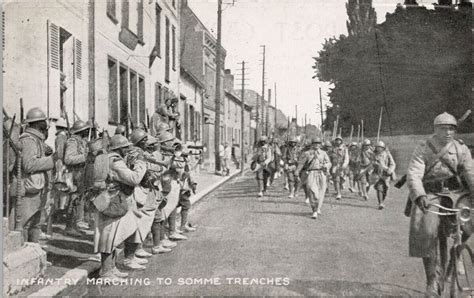 Infantry Marching To Somme Trenches France Ww1 Military Litho Postcard
