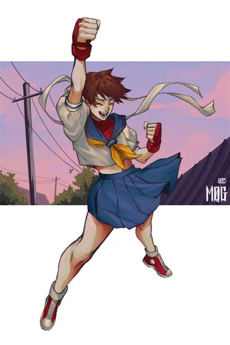 Mogeckko Kasugano Sakura Street Fighter Absurdres Highres 1girl Arm Up Blue Skirt