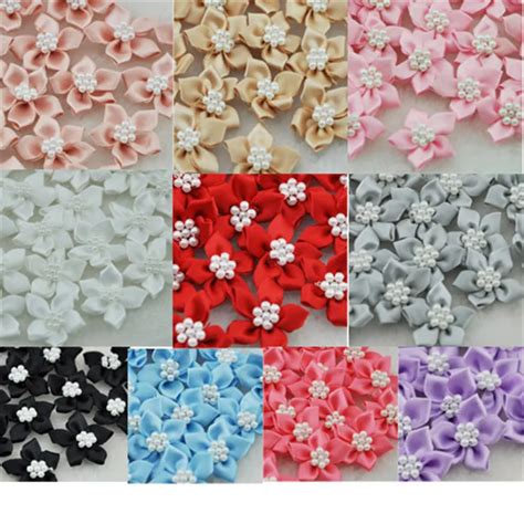 40pcs satin ribbon flowers w pearl appliques craft diy wedding a46 flower 2 flower bradflower nj