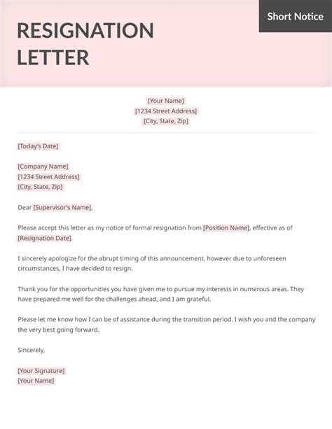 Short Notice Resignation Letter Database Letter Templates