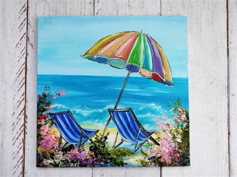 Beach Umbrella Art Original Oil Painting On Small Canvas Etsy