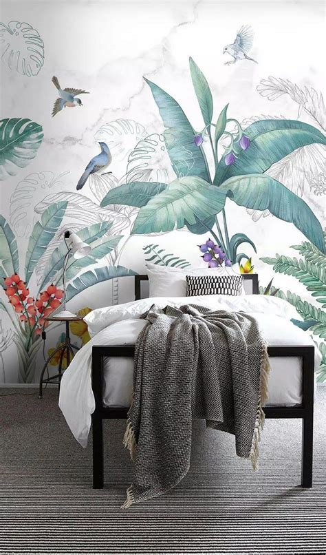 Tropical Leaf Wallpaper Removable Wall Mural Tropical Birds Floral Wall