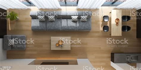 Interior Of Modern Living Room Top View 3d Rendering Stock Photo