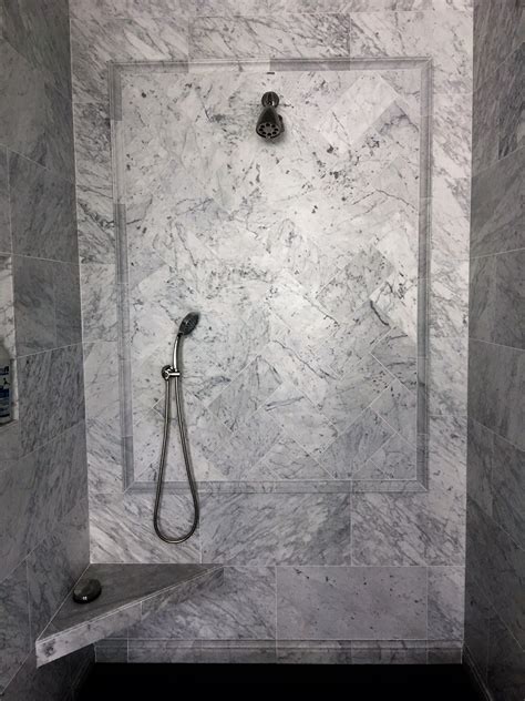 Carrara Marble Shower Walls With Chair Rail Accent Marble Shower