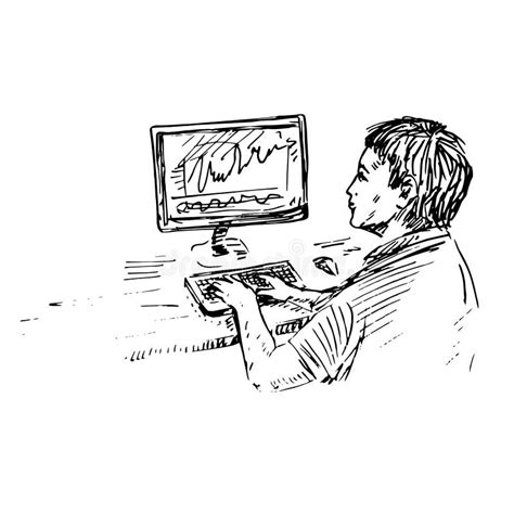 Man Working On Computer Hand Drawn Doodle Sketch Black And White