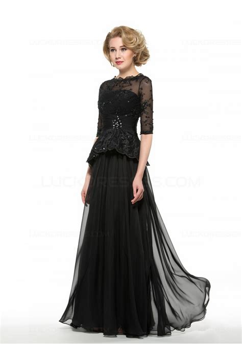 Long Black 34 Length Sleeves Lace Chiffon Mother Of The Bride Dresses 3040017