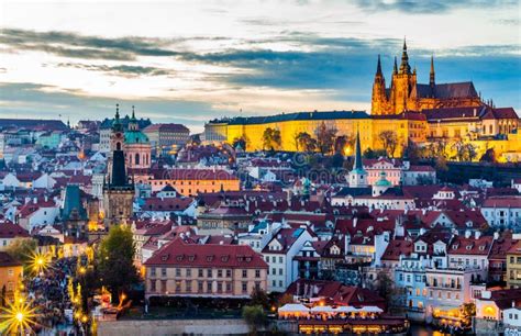 A View Of The Prague Castle At Night Time Czech Republic Editorial