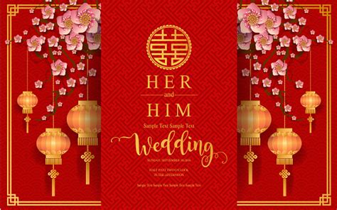 Cina Oriental Pernikahan Undangan Kartu Template Dengan Indah Bermotif