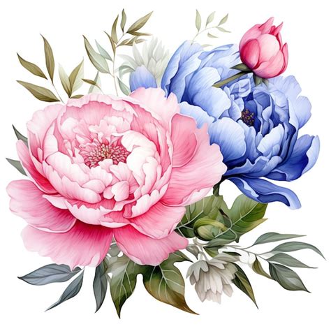 Premium Ai Image Beautiful Pink And Blue Peony Clipart Illustration