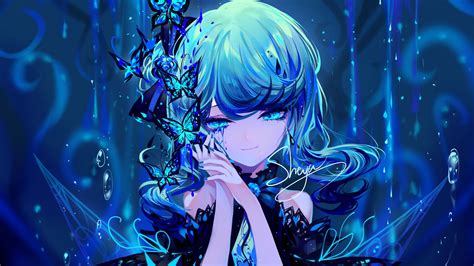 Blue Hair Girl Butterflies Anime Hd Anime Girl Wallpapers Hd Wallpapers Id 79135