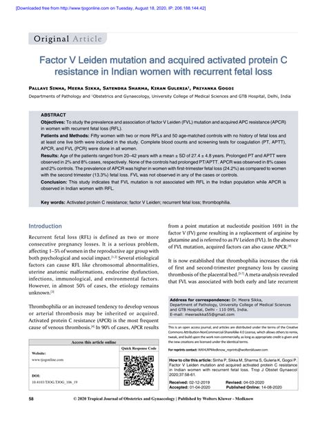 Pdf Factor V Leiden Mutation And Acquired Activated Protein C