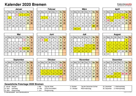 Kalender 2020 Bremen Ferien Feiertage Word Vorlagen