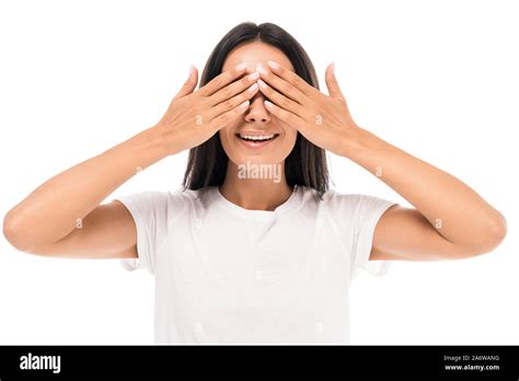 Happy Young Woman Covering Eyes Isolated On White Stock Photo Alamy