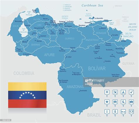 Map Of Venezuela States Cities Flag And Navigation Icons High Res