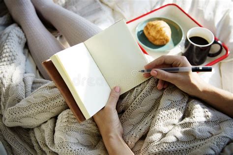 Woman Writing Notebook Diary On Bed Breakfast Morning Stock Image