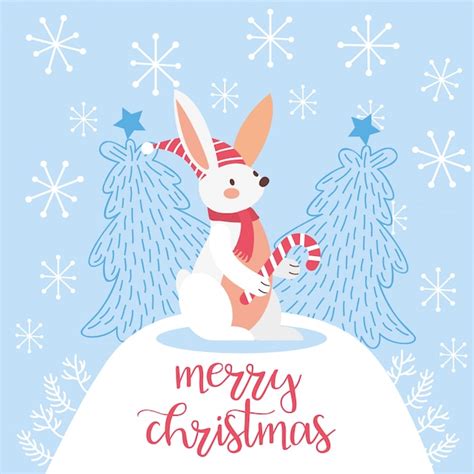 Premium Vector Merry Christmas Card With Cute Rabbit