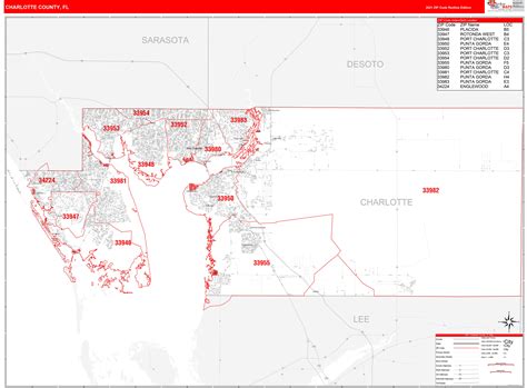 Charlotte County Fl Zip Code Wall Map Red Line Style By Marketmaps