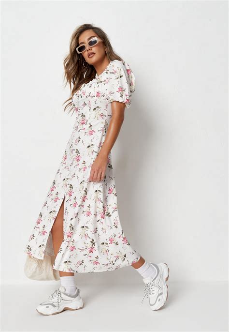 White Floral Milkmaid Button Front Midi Dress Missguided