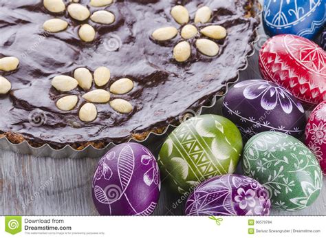 Easter Eggs And Mazurek Traditional Polish Easter Chocolate Cake Stock