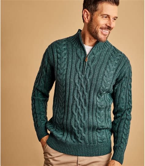 Thyme Marl Mens Pure Wool Aran Cable Zip Neck Knitted Sweater
