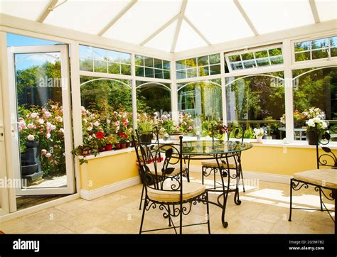 Conservatory Interior With Roses Outside Stock Photo Alamy