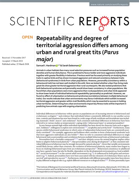 Pdf Repeatability And Degree Of Territorial Aggression Differs Among