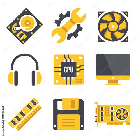 Vector Computer Hardware Icons Set Black And Yellow Colors Computer