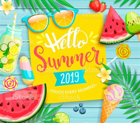 Hello Summer 2019 Yellow Card Or Banner Stock Illustration - Download 