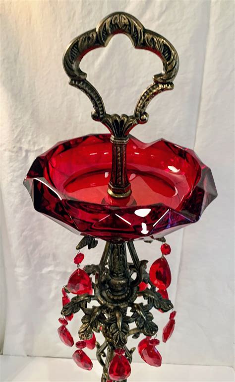 Vintage Ruby Red Glass Ashtray On Stand W Red Crystals Etsy