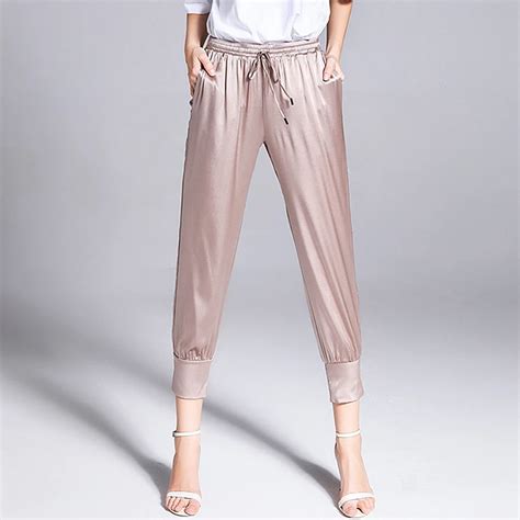 100 Silk Pants Women Hollow Out Design Solid Elastic Waist Pockets