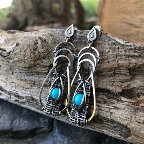 Turquoise Earrings Sterling Silver Earrings Wire Wrap Etsy