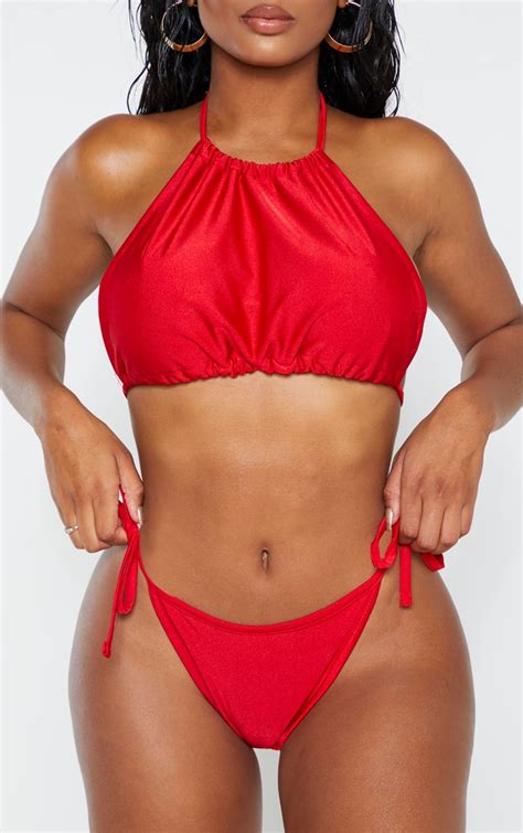 shape red strappy tie side bikini bottom prettylittlething aus