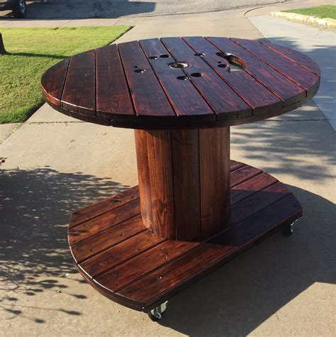 Cable Spool Table With Mahogany Stain And Polyurethane