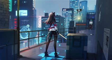 Anime Girl Scifi City Roof With Weapon Wallpaperhd Anime Wallpapers4k
