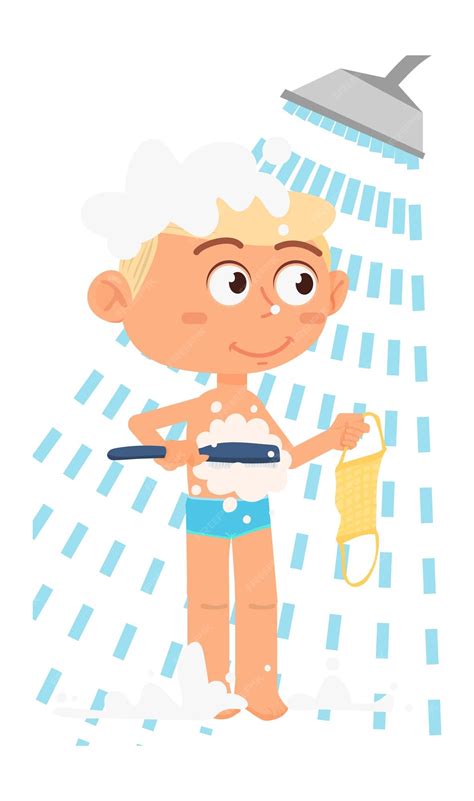 Criança No Chuveiro Lavagem De Menino De Desenho Animado Higiene Infantil Vetor Premium