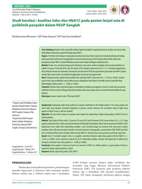 PDF Studi Korelasi Kualitas Tidur Dan HbA1C Pada Pasien Lanjut Usia