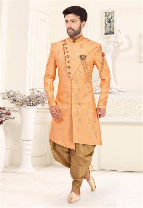 This dhoti kurta set is fully handmade by finest artisans of north india. Buy Peach Art Silk Readymade Dhoti Sherwani 185758 online ...