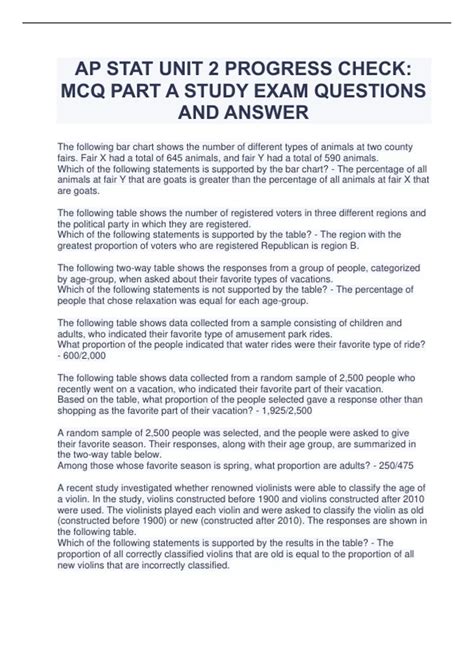 AP STAT UNIT 2 PROGRESS CHECK: MCQ PART A STUDY EXAM QUESTIONS AND